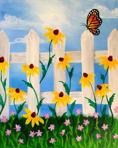 a painting of yellow flowers and a butterfly on a white picket fence with blue sky in the background