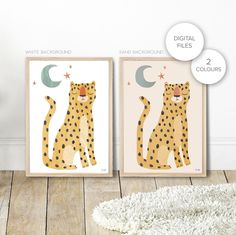 two posters with the same design on them, one has a cheetah and the other has a leopard