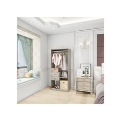 a bedroom with a bed, dresser and closet in it's center area next to a window