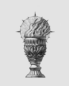 a black and white drawing of a vase with flames on it's head, surrounded by stars