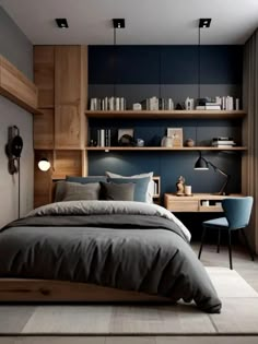 a bed sitting in a bedroom next to a wooden shelf filled with books and other items