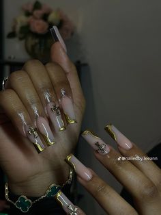 Gold Nails With Charms, Birthday Baddie Nails, Birthday Nails Sagittarius, Dope Nail Designs Mid Length, Brown Acrylics, Beginner Nail Designs, 20th Bday, Cute Nail Colors, Cross Nails