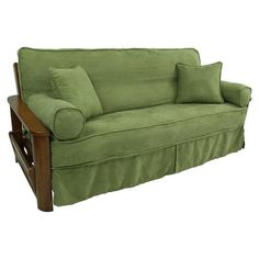 a green couch with two pillows on it's back and one arm folded down