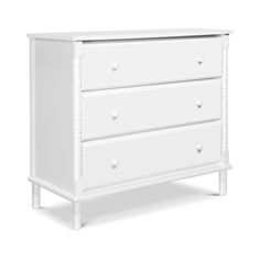 a white dresser with three drawers and two knobs on the bottom, against a white background