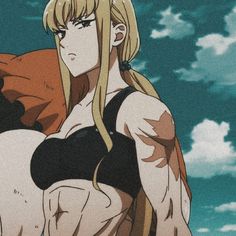 an anime character with long blonde hair standing in front of clouds