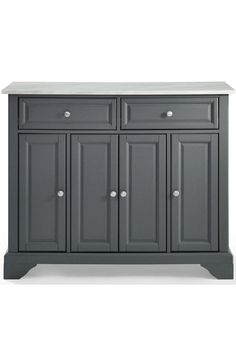 a gray cabinet with four doors and two drawers on the bottom, in front of a white background