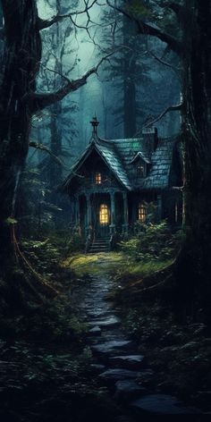 a house in the middle of a forest at night