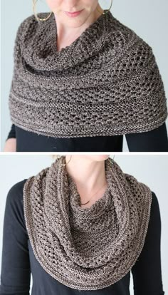 two pictures of a woman wearing a knitted cowl with the same pattern on it