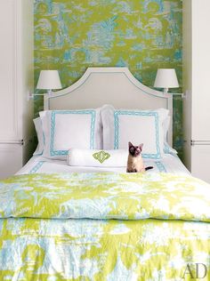 a cat sitting on top of a bed in a room with green and white walls