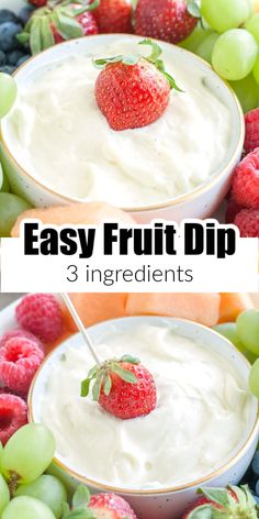 Bowl of cream cheese dip with a strawberry. Fruit Dip Recipe, Easy Fruit Dip, Cream Cheese Fruit Dip, Fruit Dips, Dips Recipes, Fruit Dips Recipes, Sweet Dips, Appetizers Recipes