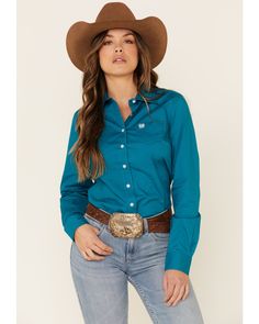 Cinch Women's Teal Solid Button Front Long Sleeve Western Shirt , Teal Western Dress Shirts, Cowgirl Style Outfits, Womens Denim Skirts, Estilo Country, Rodeo Shirts, Rodeo Outfits, Western Dress, Cowgirl Shirts, Cow Girl