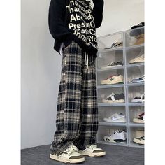 Mens Plaid Wool Wide Leg Casual Pants Fabric: 100%Polyester Size: M, L, XL, 2XL, 3XL, Multiple Color Selections: Black, Red  Season: Spring, Fall, Winter Casual Plaid Wide-leg Pants, Casual Wide-leg Plaid Pants, Casual Full-length Plaid Pants, Men's Street Wear, Wide Leg Casual Pants, Light Blue Plaid, Red Season, Pants Fabric, Casual Wide Leg Pants