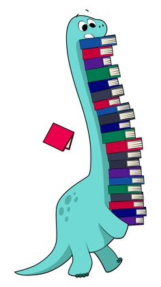 a cartoon dinosaur carrying a stack of books with its head in the shape of a book