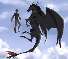 two people are flying in the air next to a black horse