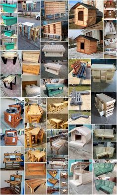 many different wooden tables and benches are shown in this collage, including one that is made out of pallets