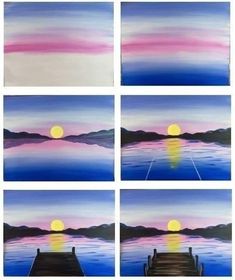 four different pictures of the same sunset over water with pier and mountains in the background