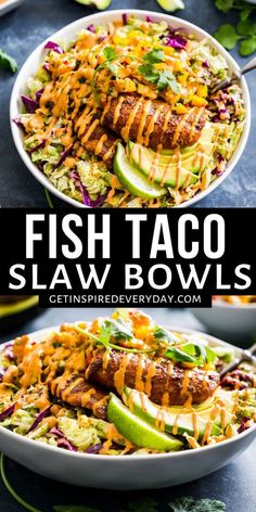 fish taco slaw bowls with avocado, jalapenos and shredded cheese