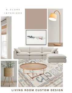 the living room is decorated in neutral tones