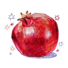 a drawing of an apple with stars around it