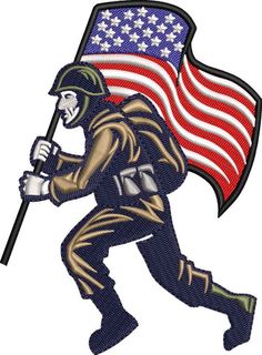 a soldier with an american flag on his back and holding a stick in one hand