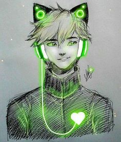 a drawing of a person wearing headphones with green eyes and a cat's ears