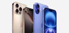 three iphones are shown side by side, one is blue and the other is gold