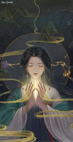 a woman holding her hands together in front of her face and surrounded by gold lines