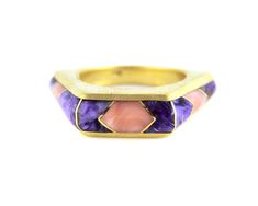 A modern classic by Ben Nighthorse. The Pentagon Ring is inlaid with Charoite and Pink Coral. Set in 18kt yellow gold. Size 9. Special orders available. Art Deco Yellow Gold Enamel Ring For Formal Occasions, Art Deco Formal Yellow Gold Enamel Ring, Formal Yellow Gold Art Deco Enamel Ring, Formal Art Deco Yellow Gold Enamel Ring, Unique Yellow Gold Enamel Ring For Formal Occasions, Modern Yellow Gold Enamel Ring With Polished Finish, Elegant Enamel Ring With Inlay, Gold Enamel Ring With Inlay, Luxury Opal Open Ring