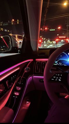 the interior of a car at night time