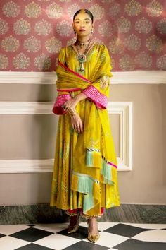 Shop for Rajiramniq Yellow Floral Print Panelled Kurta Set for Women Online at Aza Fashions Rajiramniq Suit, Diwali Shoot, Tissue Dupatta, Palazzo Dress, Indian Closet, Yellow Kurta, Traditional Attires, Pakistani Suit, Lime Yellow