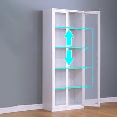 a white bookcase with two blue arrows on the front and one green arrow on the back