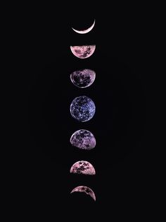 five phases of the moon are shown in purple and blue hues on a black background