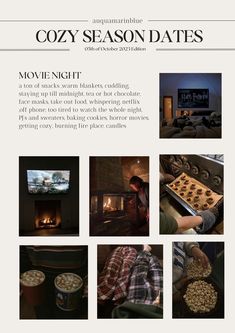 an advertisement for cozy season dates with pictures of people watching tv and eating cookies in front of the fireplace