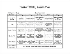 the toddler weekly lesson plan is shown in black and white, with text on it