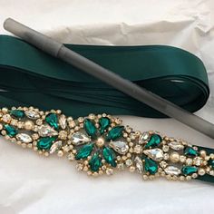 Emerald green sash emerald green belt Bridesmaid sash gold | Etsy Gold Wedding Bridesmaid Dress, Adjustable Bridal Belt With Sashes For Party, Adjustable Sashes Bridal Belt For Party, Green Sash, Sparkly Belts, Belt Wedding Dress, Lace Veils Bridal, Bridal Trim, Bridesmaid Sash