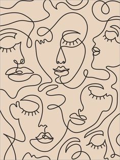 a line drawing of many faces with different shapes and lines on the face, including one woman's head