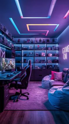 a gaming room with purple and blue lighting