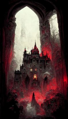 a castle in the middle of a forest with red light coming from it's windows