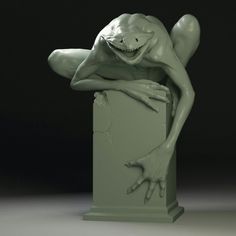 a sculpture of a frog with its mouth open and hands on it's back