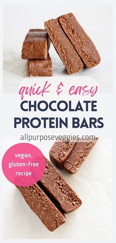 chocolate protein bars stacked on top of each other with the words quick and easy chocolate protein bars