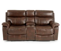 the reclining loveseat has two seats and a console on top of it