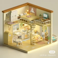 a small doll house with furniture and accessories in it's living room, including stairs to the second floor