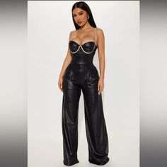 Satin Jumpsuit With Rhinestone Rim Details. Wide Leg Pant With Padded Bust, Adjustable Straps And Invisible Zipper. Elegant Fitted Jumpsuit With Rhinestones, High Waist Pants With Rhinestones For Party, Elegant Party Jumpsuits And Rompers With Rhinestones, Elegant Rhinestone Jumpsuits For Night Out, Elegant High Waist Club Pants, Fashion Nova Jumpsuit, Satin Jumpsuit, Fashion Nova Pants, 60 Fashion