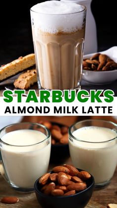 there are two cups of milk and almonds next to each other with the words starbucks's almond milk