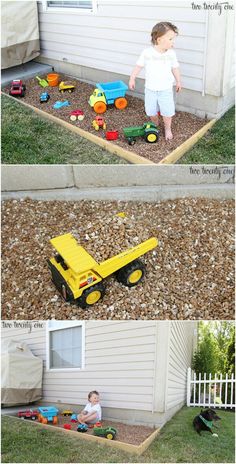 two pictures of a toddler playing with toys in the yard and on the lawn