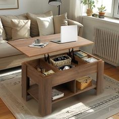 a living room with a couch, coffee table and rug