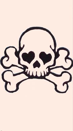 a drawing of a skull and crossbones with hearts on it's side