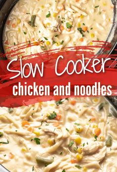 slow cooker chicken and noodle soup in a crock pot with text overlay