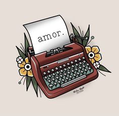 an old - fashioned typewriter with flowers around it and the word roma on top