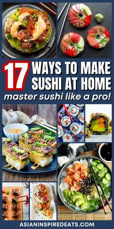 8 different sushi recipes are featured on this pin Faux Sushi Recipes, Sushi Bowls Easy, Sushi Crab Mix Recipes, Sushi Platter Aesthetic, How To Make Sushi At Home, Easy Sushi Rolls At Home, Homemade Sushi Recipes, Crunchy Roll Sushi, Sushi Night At Home